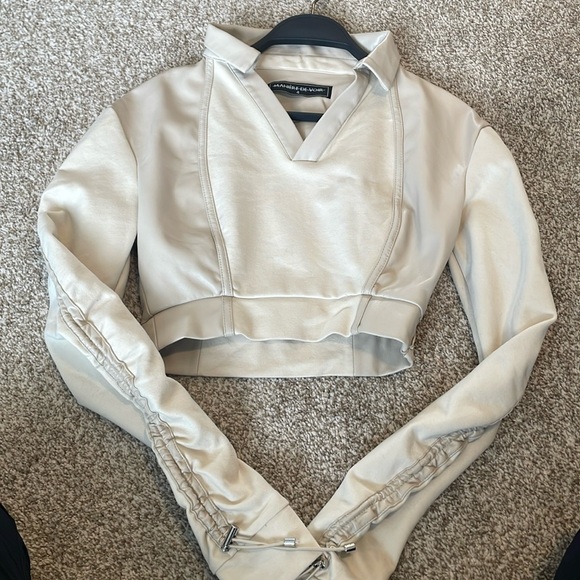 Two Tone Vegan Leather Cropped V- neck Polo Shirt - Picture 5 of 10